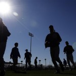 Chicago Cubs players make their way to a practice field during a spring training baseball workout, Thursday, Feb. 14, 2013, in Mesa, Ariz. (AP Photo/Morry Gash)