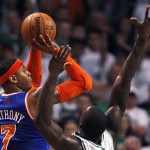 New York Knicks forward Carmelo Anthony (7) shoots over Boston Celtics forward Jeff Green during the second quarter in Game 6 of their first-round NBA basketball playoff series in Boston, Friday, May 3, 2013. (AP Photo/Charles Krupa)