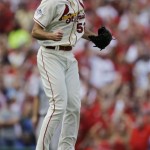 St. Louis Cardinals starting pitcher Michael Wacha reacts after striking out Los Angeles Dodgers' Juan Uribe with bases loaded to end the sixth inning of Game 2 of the National League baseball championship series Saturday, Oct. 12, 2013, in St. Louis. (AP Photo/Jeff Roberson)