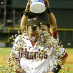 Arizona Diamondbacks first baseman Paul Goldschmidt (44), right, gets bubble gum poured on him after hitting a walk off homerun against the Baltimore Orioles during a baseball game on Tuesday, Aug. 13, 2013, in Phoenix. (AP Photo/Rick Scuteri)