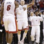 The Miami Heat react after overtime of Game 6 of the NBA Finals basketball game against the San Antonio Spurs, Wednesday, June 19, 2013 in Miami. The Heat defeated the Spurs 103-100. (AP Photo/Lynne Sladky)