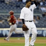 New York Yankees starting pitcher CC Sabathia reacts after allowing a first-inning, two-run home run to Arizona Diamondbacks' Paul Goldschmidt in a baseball game at Yankee Stadium in New York, Wednesday, April 17, 2013. (AP Photo/Kathy Willens)