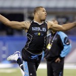 Alabama linebacker Adrian Hubbard misses a catch during a drill at the NFL football scouting combine in Indianapolis, Monday, Feb. 24, 2014. (AP Photo/Nam Y. Huh)
