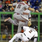 Arizona Diamondbacks shortstop Willie Bloomquist (18) gets Miami 
Marlins' Hanley Ramirez (2) out at second base and throws to first 
base to put out Logan Morrison and complete the double play in the 
first inning of a baseball game in Miami, Saturday, April, 28, 2012. (AP 
Photo/Alan Diaz)