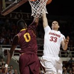 Stanford forward Dwight Powell (33) is unable to score against Arizona State guard Carrick Felix (0) in the first half of an NCAA college basketball game in Palo Alto, Calif., Thursday, Feb. 2, 2012. (AP Photo/Paul Sakuma)