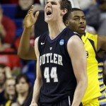 Butler center Andrew Smith (44) reacts after being fouled in the first half of a third-round NCAA college basketball tournament game against the Marquette, Saturday, March 23, 2013, in Lexington, Ky. (AP Photo/John Bazemore)
