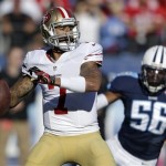 San Francisco 49ers quarterback Colin Kaepernick (7) passes as Tennessee Titans linebacker Akeem Ayers (56) rushes him in the second quarter of an NFL football game on Sunday, Oct. 20, 2013, in Nashville, Tenn. The 49ers won 31-17. (AP Photo/Wade Payne)