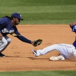 Milwaukee Brewers' Rickie Weeks, left, tags out Texas Rangers' Elvis Andrus (1) as he slides into second base the fourth inning in a spring training baseball game Monday, March 19, 2012, in Surprise, Ariz. (AP Photo/Ross D. Franklin)
