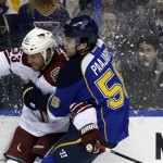 Phoenix Coyotes' Derek Morris, left, and St. Louis Blues' Magnus Paajarvi, of Sweden, collide while chasing the puck during the second period of an NHL hockey game Tuesday, Jan. 14, 2014, in St. Louis. (AP Photo/Jeff Roberson)