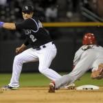 Colorado Rockies shortstop Troy Tulowitzki (2) eyes Arizona Diamondbacks' Ryan Roberts (14) before making the tag at second on an attempted steal during the eighth inning of a baseball game Friday, April 13, 2012, in Denver. (AP Photo/Jack Dempsey)