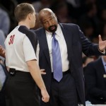 New York Knicks coach Mike Woodson, right, talks to referee John Goble in the first half of Game 5 of an Eastern Conference semifinal in the NBA basketball playoffs, at Madison Square Garden in New York, Thursday, May 16, 2013. (AP Photo/Julio Cortez)