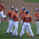 National League captain David Wright, right, speaks with teammates including Michael Cuddyer, second from right, and Bryce Harper, third from right, during batting practice for the MLB All-Star baseball game, on Monday, July 15, 2013 in New York. (AP Photo/Kathy Willens)
