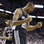 San Antonio Spurs power forward Tim Duncan (21) reacts to play against the Miami Heat during the second half of Game 6 of the NBA Finals basketball game, Tuesday, June 18, 2013 in Miami. (AP Photo/Lynne Sladky)