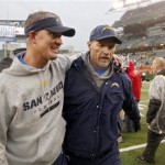  San Diego Chargers head coach Mike McCoy, left, walks off the field with offensive coordinator Ken Whisenhunt after a 27-10 win over the Cincinnati Bengals in an NFL wild-card playoff football game on Sunday, Jan. 5, 2014, in Cincinnati. (AP Photo/David Kohl)