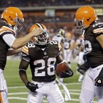 Cleveland Browns running back Dion Lewis (28) is congratulated by quarterback Brandon Weeden, left, and offensive tackle Jason Pinkston after a catching a two-yard touchdown pass in the second quarter of a preseason NFL football game against the St. Louis Rams, Thursday, Aug. 8, 2013, in Cleveland. (AP Photo/Tony Dejak)