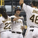 Pittsburgh Pirates' Neil Walker (18) is greeted by Garrett Jones (46) and Andrew McCutchen (22) after driving them in with a three-run home run in the first inning of a baseball game against the Arizona Diamondbacks on Wednesday, Aug. 8, 2012, in Pittsburgh. (AP Photo/Keith Srakocic)