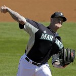Seattle Mariners starting pitcher Jeremy Bonderman throws during an exhibition spring training baseball game against the Los Angeles Angels on Monday, Feb. 25, 2013, in Peoria, Ariz. (AP Photo/Charlie Riedel)