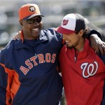  Houston Astros manager Bo Porter, right, talks with Washington Nationals infielder Anthony Rendon, right, before an exhibition spring training baseball game Thursday, March 7, 2013, in Kissimmee, Fla. (AP Photo/David J. Phillip)