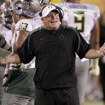 Oregon coach Chip Kelly looks to the officials during the first half of an NCAA college football game against Arizona State, Thursday, Oct. 18, 2012, in Tempe, Ariz. (AP Photo/Matt York)