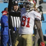  San Francisco 49ers wide receiver Anquan Boldin (81) celebrates a catch against the Carolina Panthers during the second half of a divisional playoff NFL football game, Sunday, Jan. 12, 2014, in Charlotte, N.C. (AP Photo/John Bazemore)