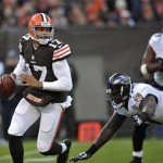  Cleveland Browns quarterback Jason Campbell (17) scrambles before being sacked by the Baltimore Ravens in the first quarter of an NFL football game Sunday, Nov. 3, 2013. (AP Photo/David Richard)
