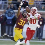 Nebraska wide receiver Kenny Bell (80) pulls in a pass from quarterback Taylor Martinez in front of Minnesota defensive back Eric Murray (31) for a 42-yard gain during the first quarter of an NCAA college football game in Minneapolis Saturday, Oct. 26, 2013. (AP Photo/Ann Heisenfelt)