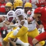 Arizona State quarterback Brock Osweiler, rear left, looks to pass against Utah during the first half of an NCAA college football game, Saturday, Oct. 8, 2011, in Salt Lake City. (AP Photo/Jim Urquhart)