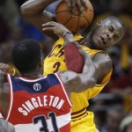 Cleveland Cavaliers' Dion Waiters (3) works against Washington Wizards' Chris Singleton (31) for a rebound in the fourth quarter of an NBA basketball game Tuesday, Oct. 30, 2012, in Cleveland. Waiters scored 17 points in his first regular season NBA game to help the Cavaliers to a 94-84 win. (AP Photo/Mark Duncan)