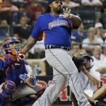 American League's Prince Fielder of the Detroit Tigers watches his hit during the MLB All-Star baseball Home Run Derby, on Monday, July 15, 2013 in New York. (AP Photo/Matt Slocum)