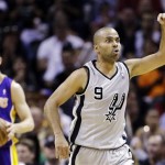 San Antonio Spurs' Tony Parker (9), of France, asks an official for a goaltending call during the first half of Game 1 of their first-round NBA playoff basketball series against the Los Angeles Lakers, Sunday, April 21, 2013, in San Antonio. (AP Photo/Eric Gay)