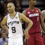 San Antonio Spurs point guard Tony Parker (9) reacts during the first half at Game 3 of the NBA Finals basketball series against the Miami Heat, Tuesday, June 11, 2013, in San Antonio. (AP Photo/Eric Gay)