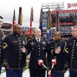 Joint Chiefs Chairman Gen. Martin Dempsey, center, sings the national anthem with Army Chorus Quartet Staff Sgt. Ben Pattison, left, Sgt. 1st Class Alvy Powell, Sgt. 1st Class Colin Eaton and Master Sgt. Bob McDonald before a baseball game between the Washington Nationals and the Milwaukee Brewers at Nationals Park, Thursday, July 4, 2013, in Washington. (AP Photo/Alex Brandon)