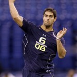 Eastern Illinois quarterback Jimmy Garoppolo runs a drill at the NFL football scouting combine in Indianapolis, Sunday, Feb. 23, 2014. (AP Photo/Nam Y. Huh)