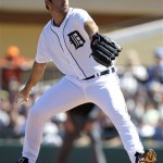 Detroit Tigers starting pitcher Justin Verlander throws a pitch in the first inning of a spring training baseball game against the Toronto Blue Jays, Monday, March 5, 2012, in Lakeland, Fla. (AP Photo/Julio Cortez)