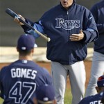 Tampa Bay Rays manager Joe Maddon gestures as he talks to pitchers during a spring training baseball workout Saturday, Feb. 16, 2013, in Port Charlotte, Fla. (AP Photo/Chris O'Meara)
