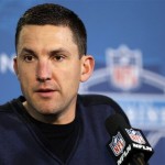 Oakland Raiders head coach Dennis Allen answers a question during a news conference at the NFL football scouting combine in Indianapolis, Friday, Feb. 22, 2013. (AP Photo/Michael Conroy)