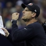San Francisco 49ers head coach Jim Harbaugh reacts during the first half of the NFL Super Bowl XLVII football game against the Baltimore Ravens, Sunday, Feb. 3, 2013, in New Orleans.(AP Photo/Matt Slocum)