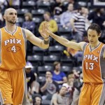 Phoenix Suns' Steve Nash reacts with Marcin Gortat during the second half of an NBA basketball game against the Indiana Pacers, Friday, March 23, 2012, in Indianapolis. Phoenix won 113-111. (AP Photo/Darron Cummings)