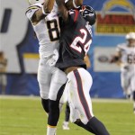  San Diego Chargers wide receiver Malcom Floyd hauls in a pass under pressure by Houston Texans cornerback Johnathan Joseph during the second half of an NFL football game Monday, Sept. 9, 2013, in San Diego. (AP Photo/Denis Poroy)