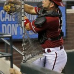 Arizona Diamondbacks catcher Wil Nieves can't catch a foul ball hit by Chicago Cubs' Junior Lake during the 11th inning of a baseball game, Wednesday, July 24, 2013, in Phoenix. (AP Photo/Matt York)