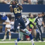 St. Louis Rams wide receiver Brian Quick (83) pulls in a catch for a first down before he is tackled by Dallas Cowboys cornerback Morris Claiborne (24) during the second half of an NFL football game Sunday, Sept. 22, 2013, in Arlington, Texas.(AP Photo/Waco Tribune Herald, Jose Yau)
