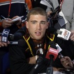 Stanford tight end Zach Ertz answers a question during a news conference at the NFL football scouting combine in Indianapolis, Thursday, Feb. 21, 2013. (AP Photo/Michael Conroy)