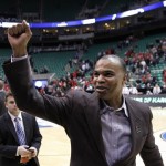 Harvard head coach Tommy Amaker celebrates after his team defeated New Mexico New Mexico 68-62 during a second-round game in the NCAA college basketball tournament in Salt Lake City Thursday, March 21, 2013. (AP Photo/Rick Bowmer)