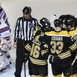 Boston Bruins defenseman Zdeno Chara (33) is congratulated by teammates after scoring against New York Rangers goalie Henrik Lundqvist (30) during the second period in Game 1 of an NHL hockey playoffs Eastern Conference semifinal game in Boston, Thursday, May 16, 2013. (AP Photo/Charles Krupa)