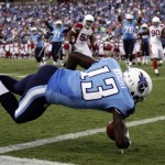 Tennessee Titans wide receiver Kendall Wright (13) dives into the end zone for a touchdown against the Arizona Cardinals in the first quarter of an NFL football preseason game against the Arizona Cardinals, Thursday, Aug. 23, 2012, in Nashville, Tenn. (AP Photo/Wade Payne)