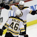 Boston Bruins' David Krejci (46) celebrates his second goal of the game with teammate Milan Lucic in the third period of Game 1 of the NHL hockey Stanley Cup Eastern Conference finals against the Pittsburgh Penguins in Pittsburgh Saturday, June 1, 2013. (AP Photo/Gene J. Puskar)