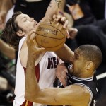 San Antonio Spurs power forward Tim Duncan (21) drives to the basket against Miami Heat shooting guard Mike Miller (13) during the second half of Game 6 of the NBA Finals basketball game, Tuesday, June 18, 2013 in Miami. (AP Photo/Wilfredo Lee)