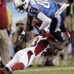 Arizona Cardinals defensive back William Gay (23) stops Tennessee Titans wide receiver Nate Washington (85) in the second quarter of an NFL football preseason game on Thursday, Aug. 23, 2012, in Nashville, Tenn. (AP Photo/Wade Payne)