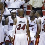 Miami Heat small forward LeBron James (6) speaks to teammates during the first half of Game 6 of the NBA Finals basketball game against the San Antonio Spurs, Tuesday, June 18, 2013 in Miami. (AP Photo/Wilfredo Lee)