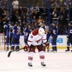 Phoenix Coyotes right wing Shane Doan skates off the ice as St. Louis Blues celebrate behind him after an NHL hockey game Tuesday, Jan. 14, 2014, in St. Louis. The Blues won 2-1. (AP Photo/St. Louis Post-Dispatch, Chris Lee)